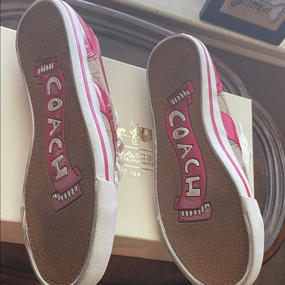 Coach Beige Signature Canvas Sneakers with Pink Patent Trim - Picture 2 of 7